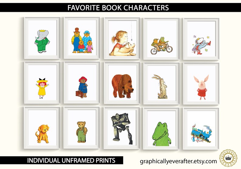 May include: A collage of 12 framed illustrations of popular children's book characters. The characters include Paddington Bear, The Very Hungry Caterpillar, Corduroy, Where the Wild Things Are, The Giving Tree, and more.