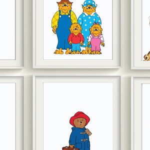 May include: A set of six framed illustrations featuring various children's book characters. The illustrations include a green elephant wearing a suit, a family of bears, a girl with a ponytail, a girl in a yellow dress, a bear wearing a red hat and blue coat, and a brown bear.