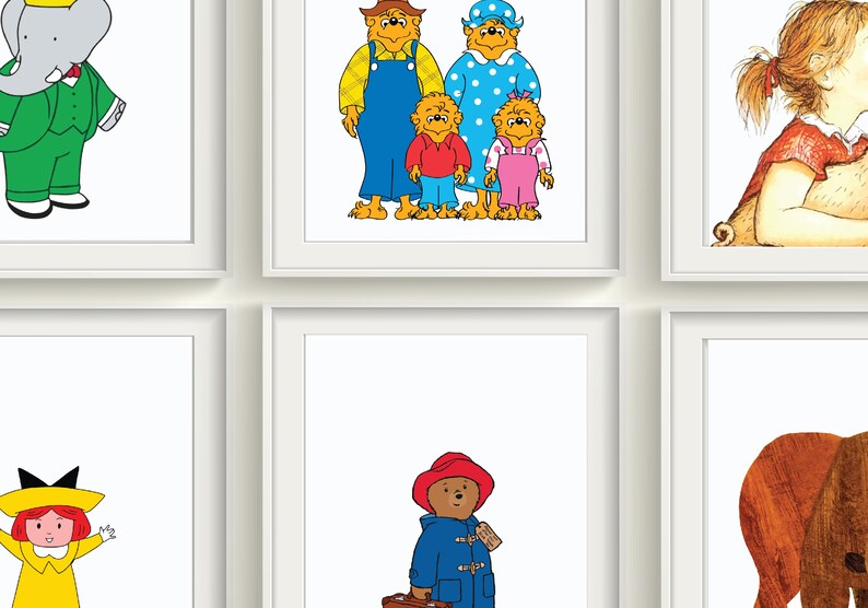 May include: A set of six framed illustrations featuring various children's book characters. The illustrations include a green elephant wearing a suit, a family of bears, a girl with a ponytail, a girl in a yellow dress, a bear wearing a red hat and blue coat, and a brown bear.