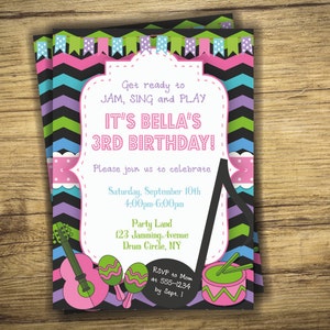 Music Birthday Party Invitation - Drum Music Circle, Girl First Birthday Invite - Drums, Shakers, Guitar Digital File, Printable