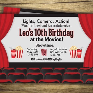 Movie Birthday Party Invitation Cinema, Movie Theater Birthday Invite at the movies Boy Girl Party, Digital File, Printable