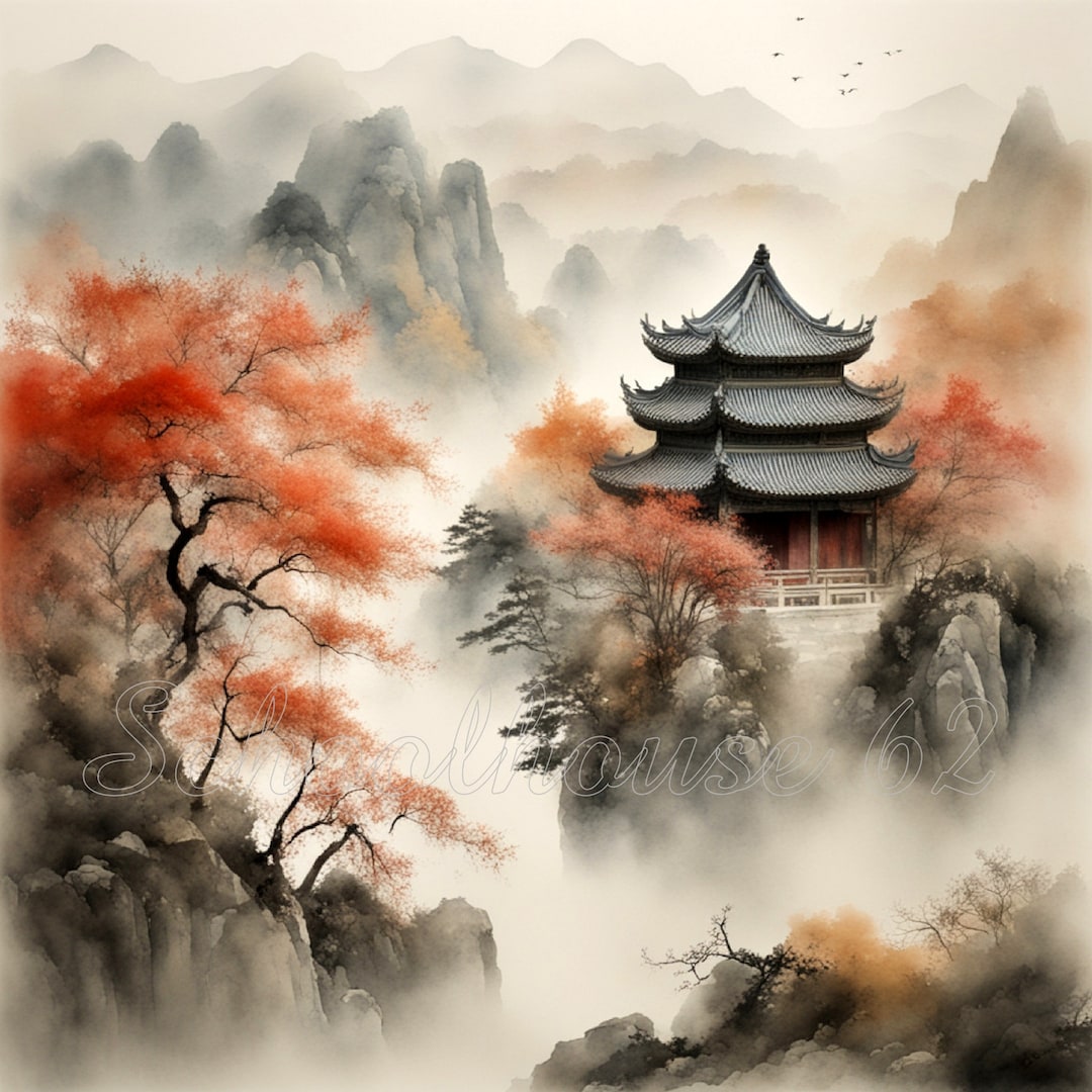 Large Chinese Watercolor Art, Watercolor on Canvas, Asian Wall Art ...