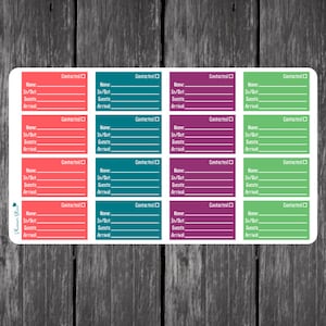 May include: A sheet of printable stickers with a checklist for guests. The stickers are in four colors: red, teal, purple, and green. Each sticker has the words "Name", "In/Out", "Guests", and "Arrival" with blank lines for writing. The stickers also have a checkbox labeled "Contacted".
