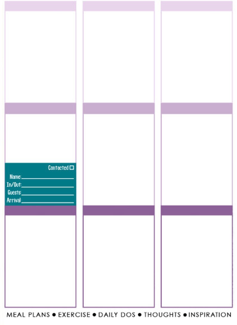 May include: A teal-colored planner with sections for meal plans, exercise, daily to-dos, thoughts, and inspiration. The planner has a section for a contact list with fields for name, in/out, guests, and arrival.