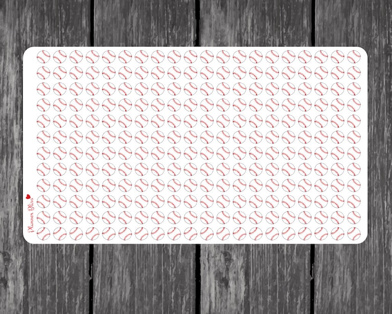 May include: A sheet of white sticker paper with 100 red and white baseball stickers. The stickers are arranged in a grid pattern.