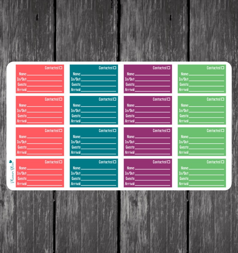 May include: A sheet of printable stickers with a checklist for guests. The stickers are in four colors: red, teal, purple, and green. Each sticker has the words "Name", "In/Out", "Guests", and "Arrival" with blank lines for writing. The stickers also have a checkbox labeled "Contacted".