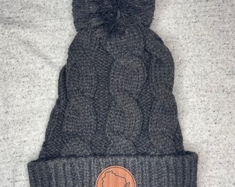 Vegan Leather Wisconsin Coin Chunky Cable knit stocking hat | WI state patch | Wisco gift