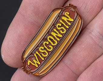 Wisconsin Mustard Brat metal pin | Funny WI food |  Wisco Glizzy hotdog gift