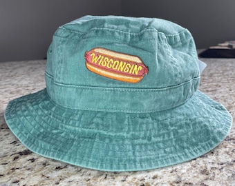 Wisconsin Mustard Brat Bucket Hat | WI glizzy hotdog beach hat | funny Wisco foodie gift