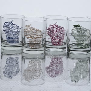 Wisconsin Rocks Gläser 4er Set |  WI Zustand Karte | Supper Club, Käse, State Park, Lingo | Ausführung Old Fashioned Glas 13,5oz