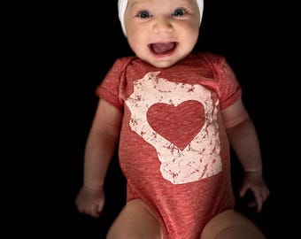 Wisconsin HomeLove Baby Onesie | WI state red heart | Wisco love baby gift