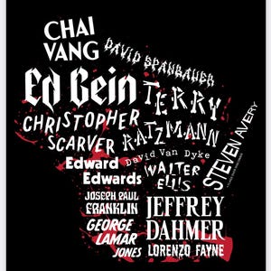 May include: A black and white graphic design with the names of serial killers in white text on a black background. The names are arranged in a circle with a red splatter effect around the outside.