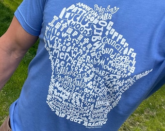 Camiseta de los parques estatales de Wisconsin / Camiseta con mapa de los parques estatales de WI / Regalo artístico de Wisconsin