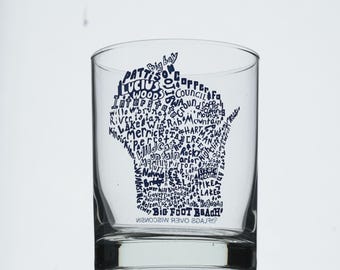 Arte de los parques estatales de Wisconsin, rocas de vidrio, mapa de parques estatales de Wisconsin, artículos de cristalería para bebidas y regalos.