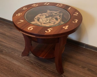 Coffee Table with Wooden Gears Clock | Mahogany Table | Steampunk Coffee Table | Steampunk Furniture | Steampunk Gift | Coffee Shop Table