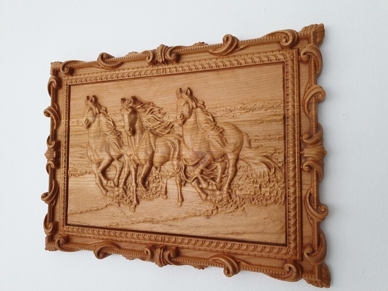 Carved wood wall decor panel Horses Etsy