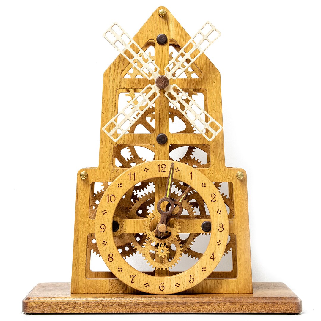 Wooden Mechanical Table Clock Windmill Steampunk Pendulum Clock