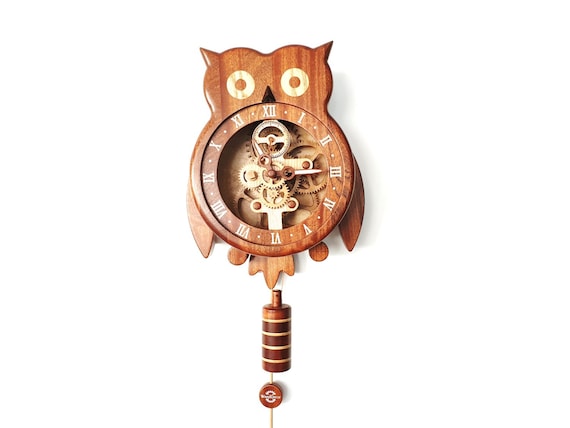 Wooden Wall Clock Owl Steampunk Pendulum - Owl Shaped Wall Clock