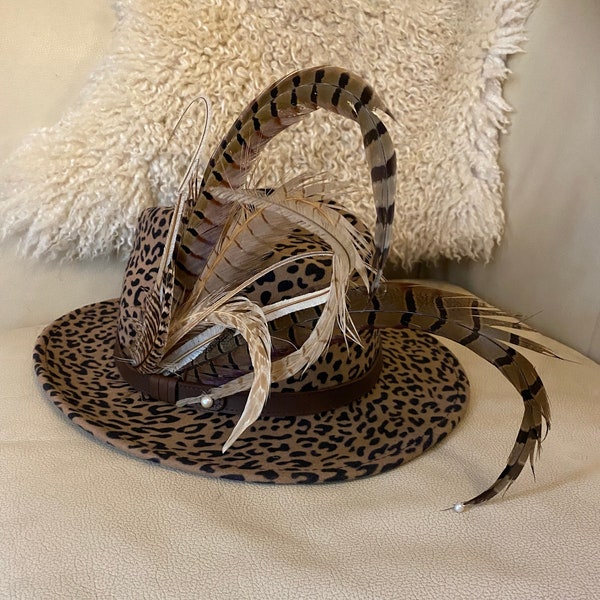Bespoke leopard, print and feather with pearl detail, hat, perfect for the races, Cheltenham Derby