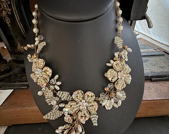 Vintage Pearl Crystal Floral Necklace, Bridal Wedding Jewellery