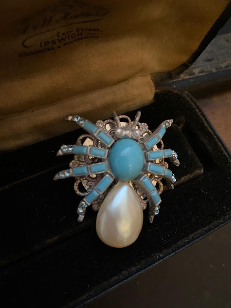 Broche Vintage / Ancienne - Turquoise Naturelle Et Perles - Bijou Antique - Occasion