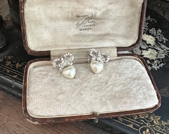 Butler and Wilson Stamped crystal bow with Pearl Heart Silver plated  pierced  earrings
