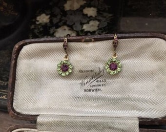Vintage Peridot Green & Amethyst Crystal Round Drop Hook Pierced Earrings