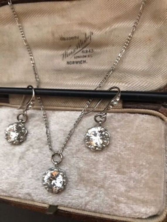 vintage sparkly swarovski crystal and  seed pearl drop pendant necklace and earrings set