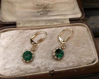 Vintage Emerald Green Crystal & Seed Pearl Drop Earrings