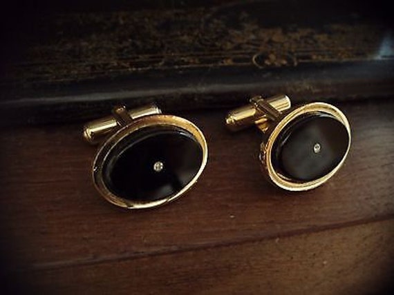 Vintage Oval Gold Jet Black & Crystal Cuff links,… - image 1