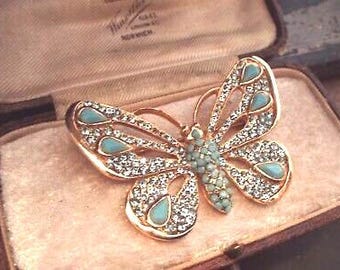 Vintage Large Butterfly Brooch with Turquoise & Aquamarine Crystals