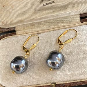 Vintage Baroque grey  Pearl Drop gold plated  Hook Pierced Earrings