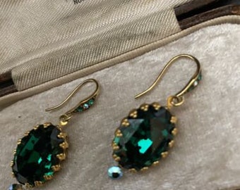 Vintage Emerald Green & AB Crystal Hook Earrings Crystal Size 18 x 13mm