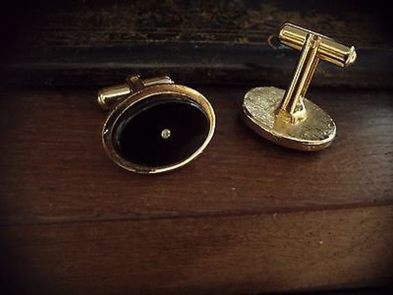 Vintage Oval Gold Jet Black & Crystal Cuff links,… - image 7