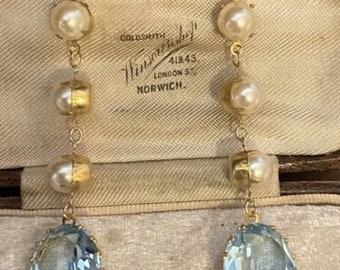 Vintage Light Sapphire Blue Crystal And Pearl Long Drop Hook Earrings