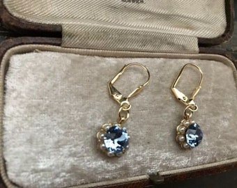 Vintage Light Sapphire Blue Crystal ,Pearl Drop Pierced Earrings Gold Plated