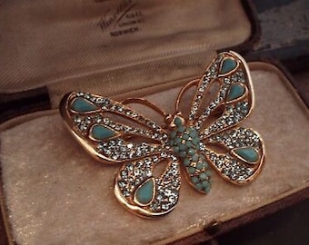 Vintage große Schmetterling Brosche mit Türkisen und Aquamarin Kristallen