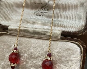 Vintage Gold Ruby Red And Crystal Long Drop Pierced Earrings.