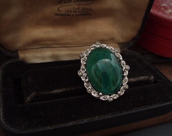 Vintage Jewellery Marcasite & Oval Green Quartz Brooch Rhodium Plated