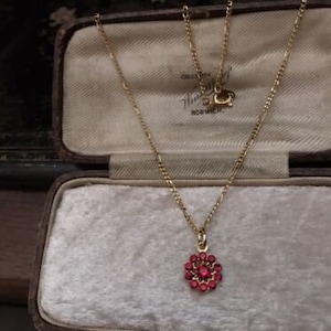 May include: A gold chain necklace with a red ruby flower pendant in a velvet lined jewelry box.