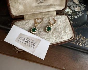Vintage Emerald Green Crystal & Seed Pearl Drop Earrings