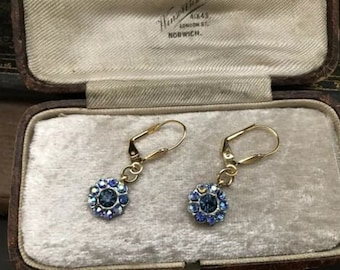 Vintage Montana Blue & AB Sapphire Crystal Leaf Detail Drop Pierced Earrings