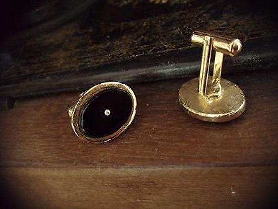 Vintage Oval Gold Jet Black & Crystal Cuff links,… - image 2