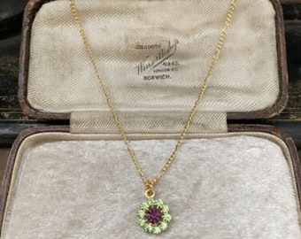 Vintage Jewellery Peridot green  & amethyst Crystal Drop Gold plated Pendant Necklace