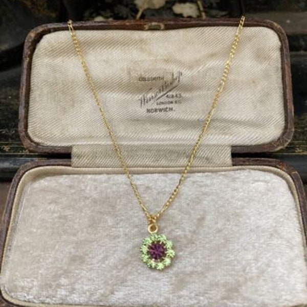 Vintage Jewellery Peridot green  & amethyst  Crystal Drop Gold Pendant Necklace