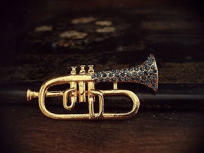 Vintage Montana Blue Crystal Cornet Trumpet Brooch 22ct Gold Plated