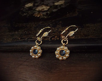 Vintage Montana Blue Crystal & Seed Pearl Drop Pierced Earrings