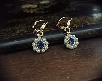 Vintage Montana Blue Crystal & Seed Pearl Drop Pierced Earrings