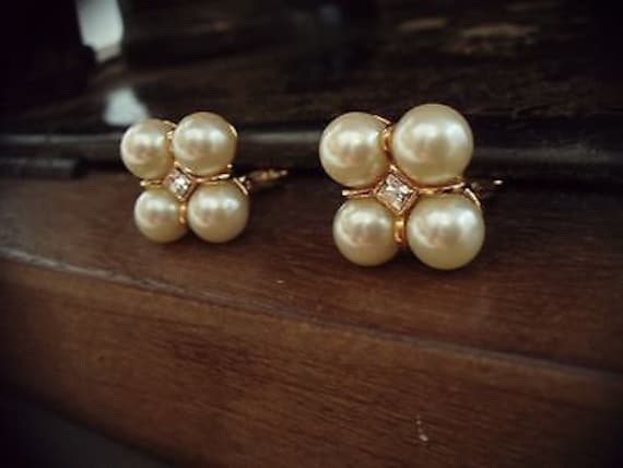 Boucles D'oreilles Clip Vintage Plaqué Or – Avec Cristaux Et Perle, Modèle 3151, Occasion