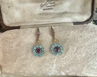 Vintage Aquamarine Crystal and amethyst  Drop Hook Pierced Earrings gold plated.